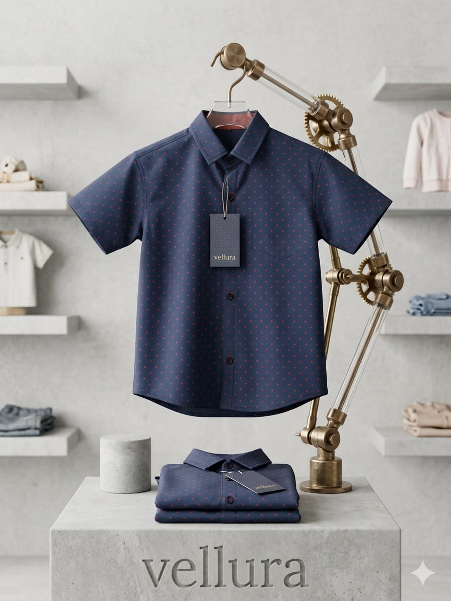 Vellura Kids Premium Navy Blue Micro-Polka Dot Casual Shirt