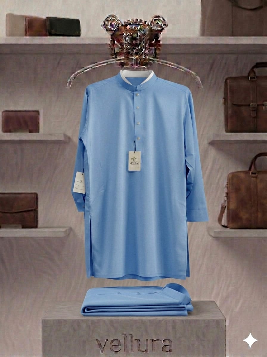 light blue men's kurta, branded by "Vellura