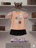 Vellura Peach Star-Embroidered &amp; Polka-Dot Skirt Set