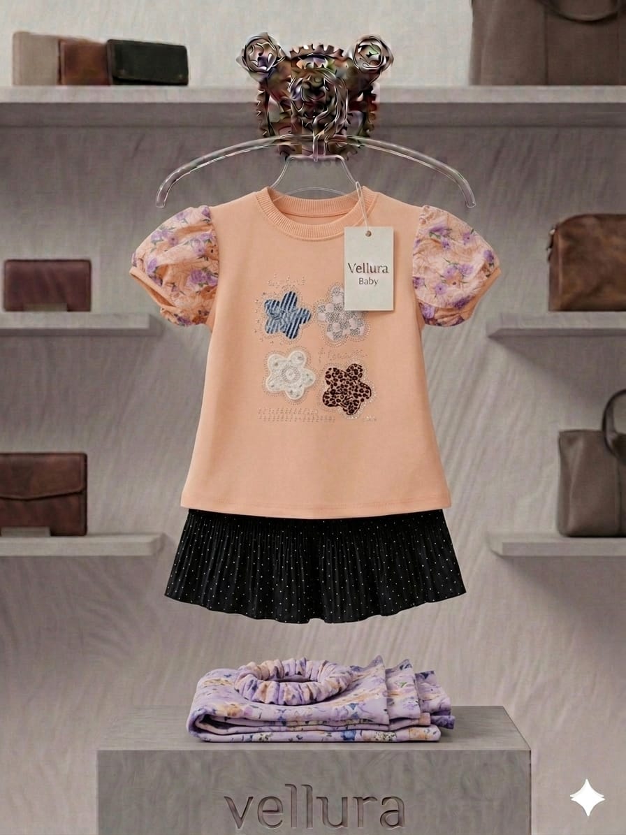 Vellura Peach Star-Embroidered &amp; Polka-Dot Skirt Set