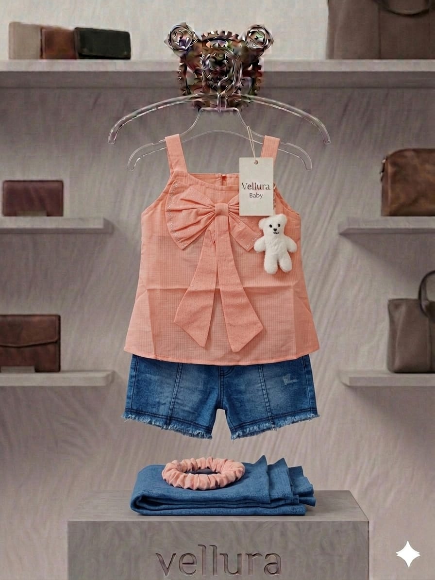 Vellura Peach Bow &amp; Teddy Bear Denim Set