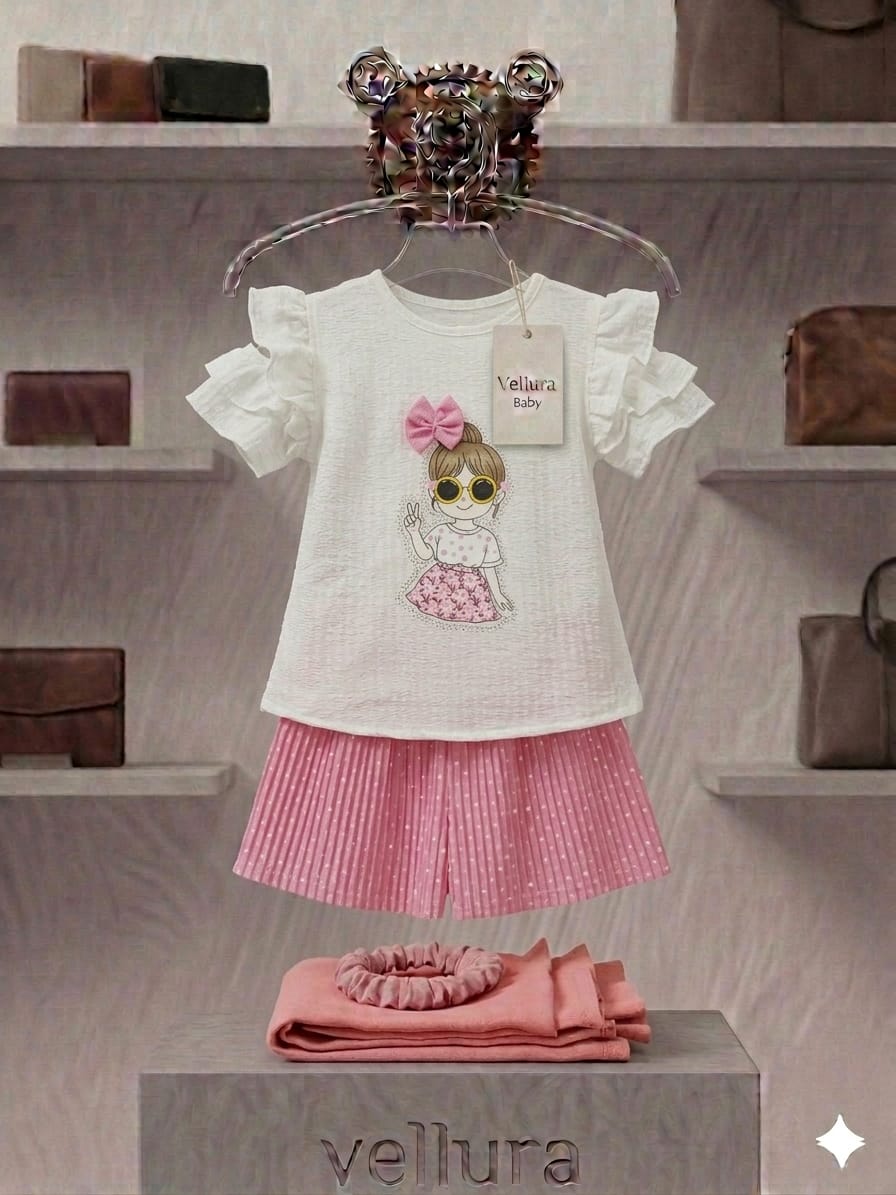 Vellura Whimsical Girl Graphic &amp; Pink Pleated Set*