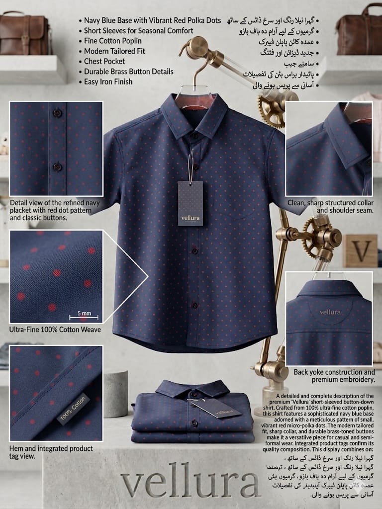 Vellura Kids Premium Navy Blue Micro-Polka Dot Casual Shirt